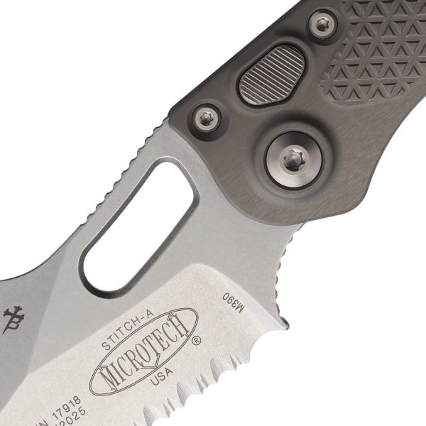 Microtech Auto Stitch S/E Button Lock Stonewash Gray