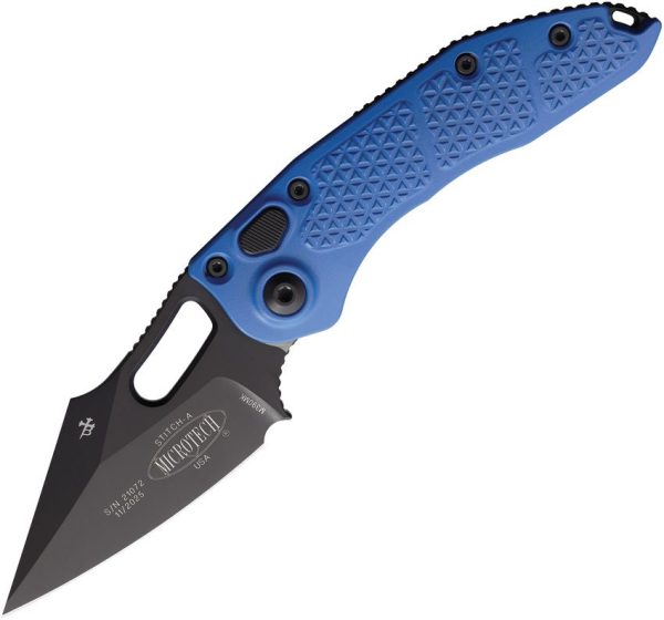 Microtech Auto Stitch S/E Blue Aluminum Button Lock Knife