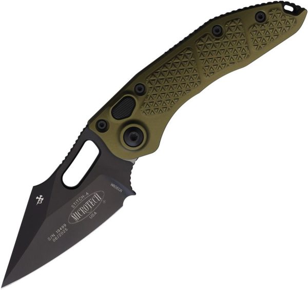 MCT1691OD.jpg Microtech Stitch S/E Button Lock OD Green Folding Knife 3.75"