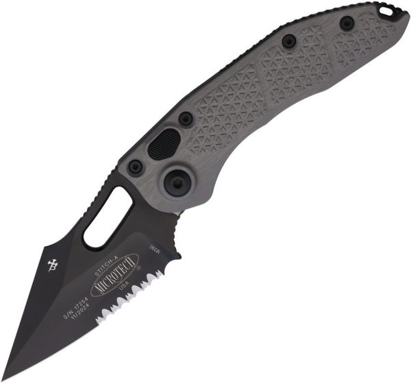 Microtech Auto Stitch Partially Serrated Gray Handle Button Lock