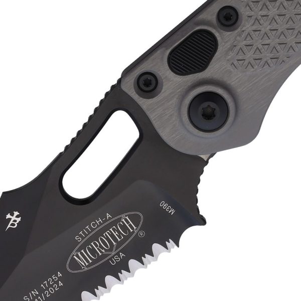 Microtech Auto Stitch Partially Serrated Gray Handle Button Lock