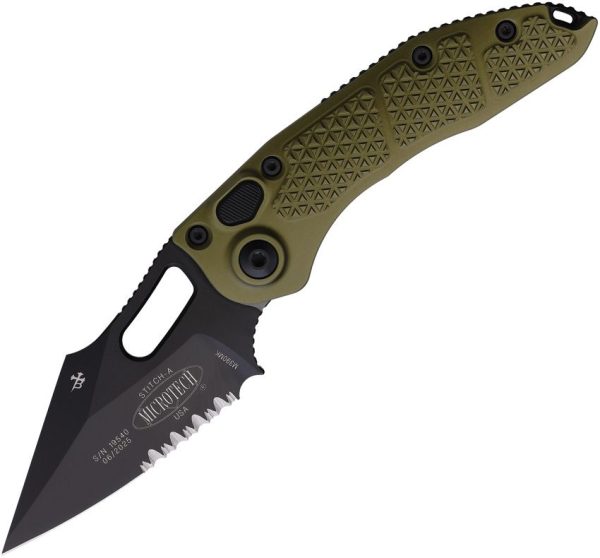 Microtech Auto Stitch Partially Serrated OD Green Button Lock