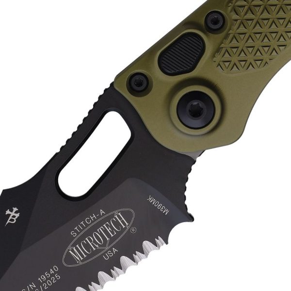 Microtech Auto Stitch Partially Serrated OD Green Button Lock
