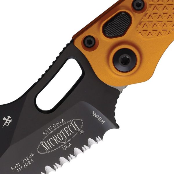 Microtech Auto Stitch Partially Serrated Tangerine Button Lock