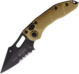 Microtech Auto Stitch Partially Serrated Tan M390 Button Lock