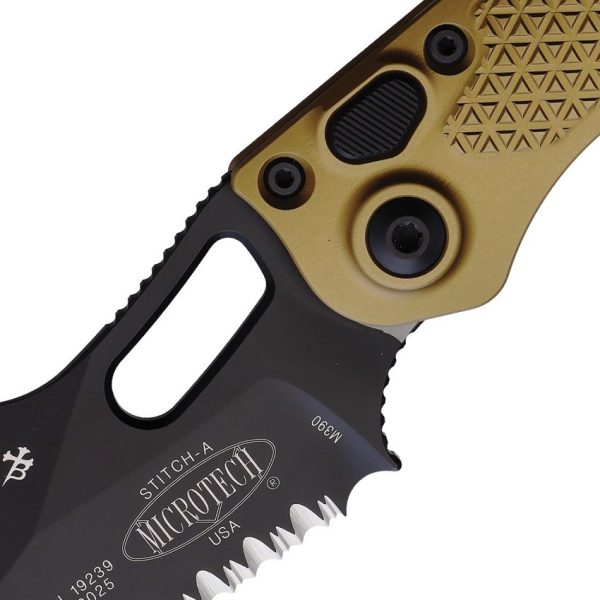 Microtech Auto Stitch Partially Serrated Tan M390 Button Lock