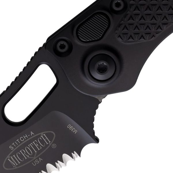 Microtech Auto Stitch Partially Serrated Black Oxide Button Lock