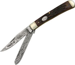 Marbles Trapper Etched Damascus Folding Knife Stag Bone 4 1/8"