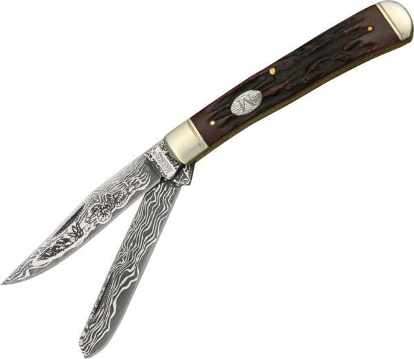 Marbles Trapper Etched Damascus Folding Knife Stag Bone 4 1/8"