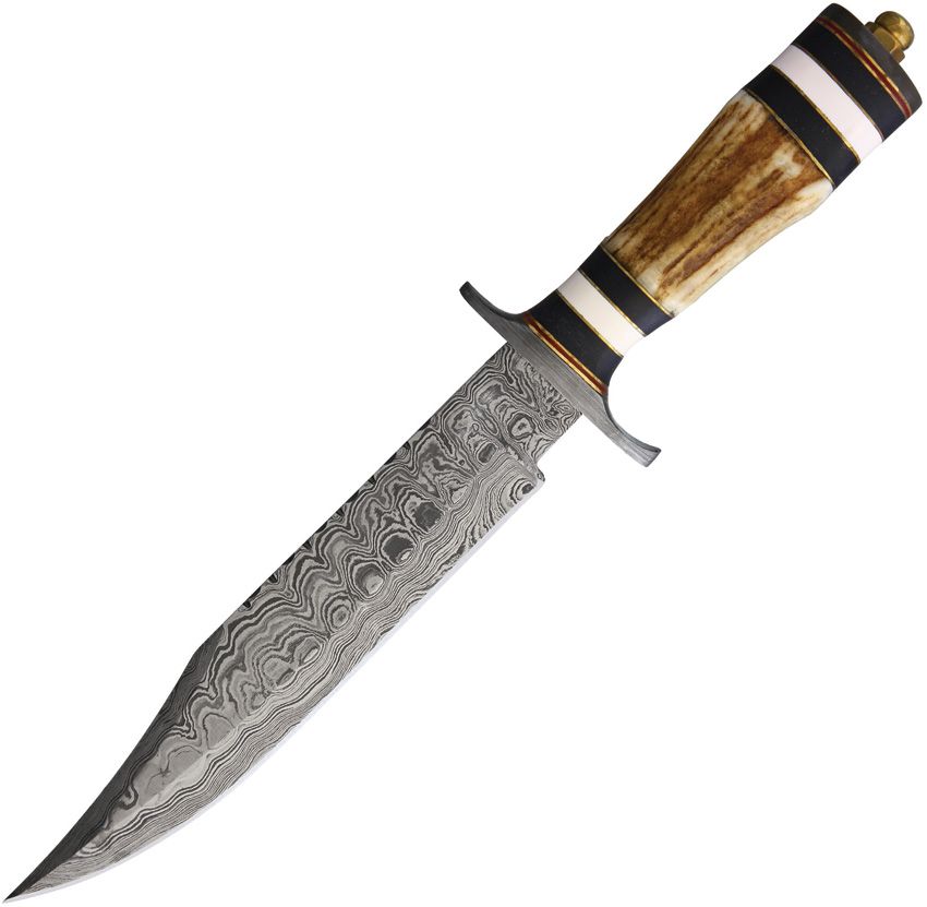 Marbles Damascus Bowie Fixed Blade Knife 9" Blade Stag Handle