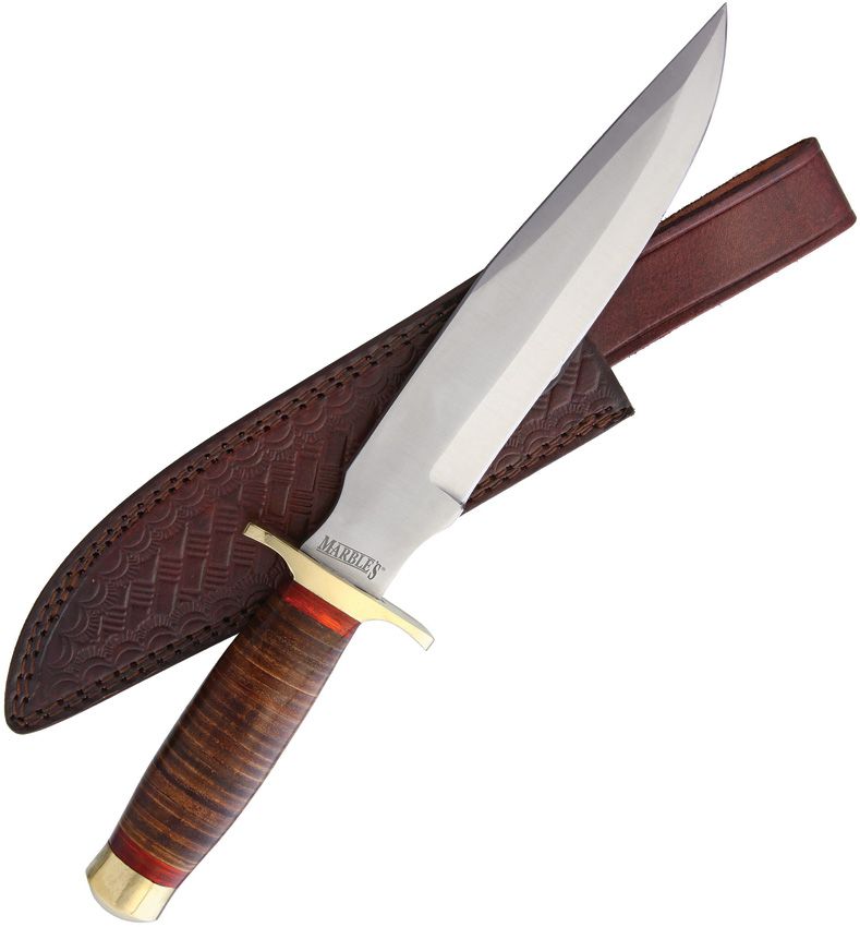 Marbles Stacked Leather Bowie Fixed Blade Knife 9" Satin Stainless
