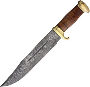 Marbles Damascus Bowie Fixed Blade Stacked Leather Handle
