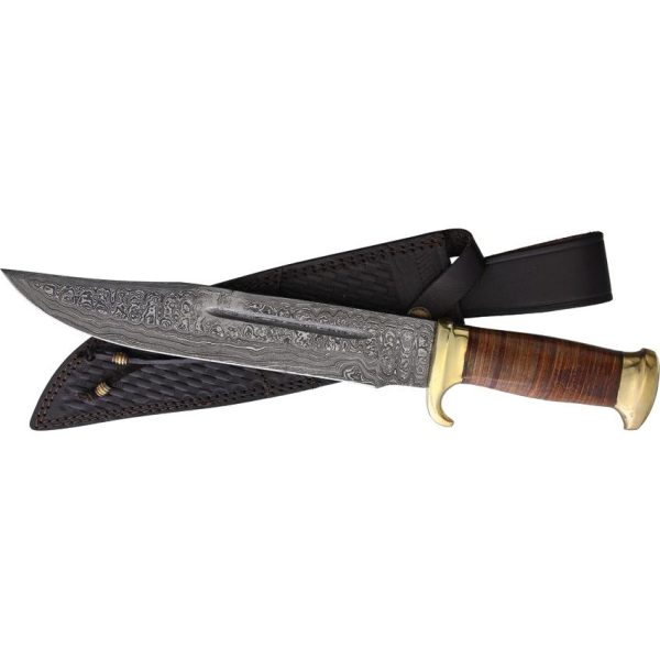 Marbles Damascus Bowie Fixed Blade Stacked Leather Handle