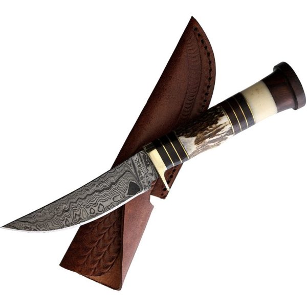 Marbles Damascus Skinner Fixed Blade - Wood Horn Stag