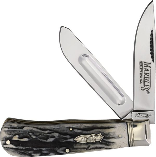 MR674.jpg Marbles Jumbo Trapper Folding Knife 4.5" Black Stag Bone