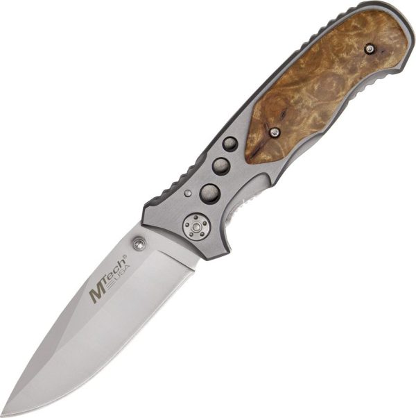 MTech Linerlock Burl Wood Folding Knife - Aluminum Handle