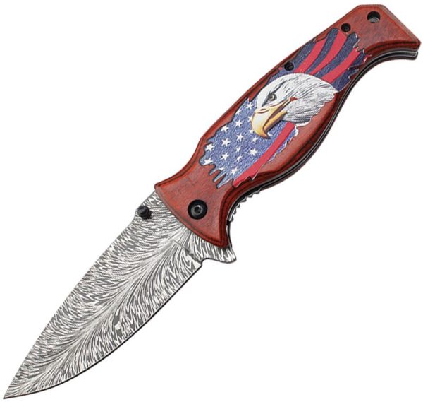 Mtech Linerlock A/O Eagle Brown Wood Damascus Blade