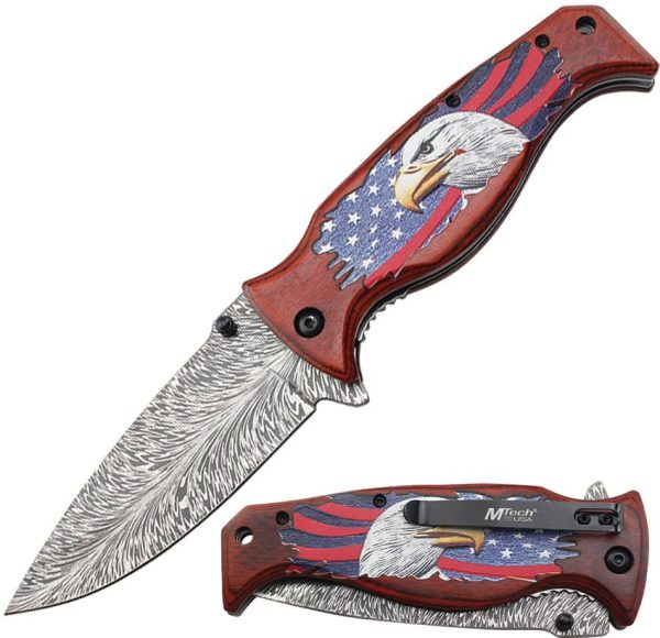 Mtech Linerlock A/O Eagle Brown Wood Damascus Blade