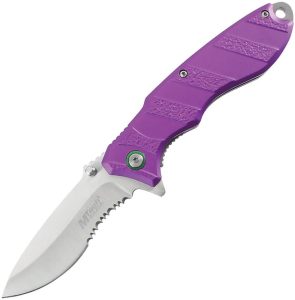 Mtech Linerlock A/O Purple Serrated Satin Blade