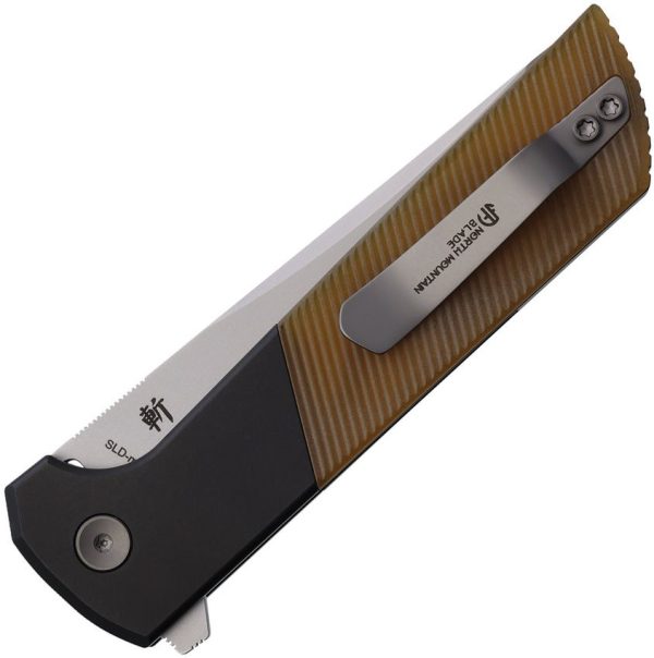 North Mountain Blade Chop 2 Button Lock Folding Knife PEI Amber