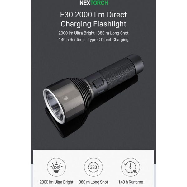 Nextorch E30 Flashlight 2000 Lumens Rechargeable Tactical Black