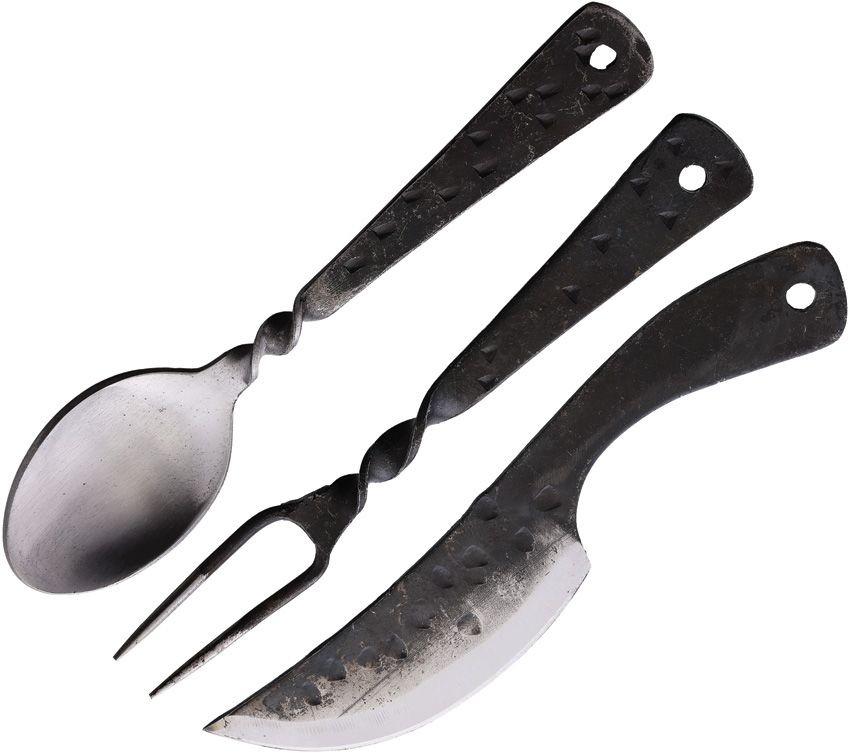 Old Forge Three Piece Eating Set with Brown Leather Sheath