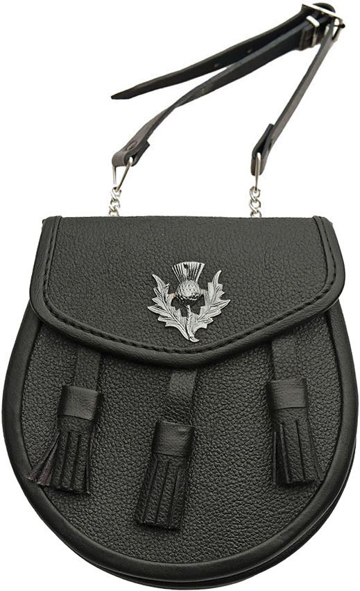 China Made Thistle Sporran Black Leather Silver Emblem