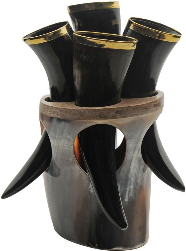 India Made Viking Horn Set w Stand - 4 Pack Brass Trim