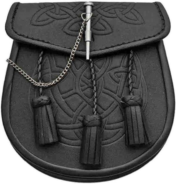 Pakistan Celtic Knot Sporran with Pin - Black Leather