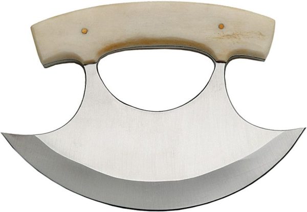Rite Edge Ulu Fixed Blade Knife 5.5" Stainless Steel Bone Handles w/ Sheath