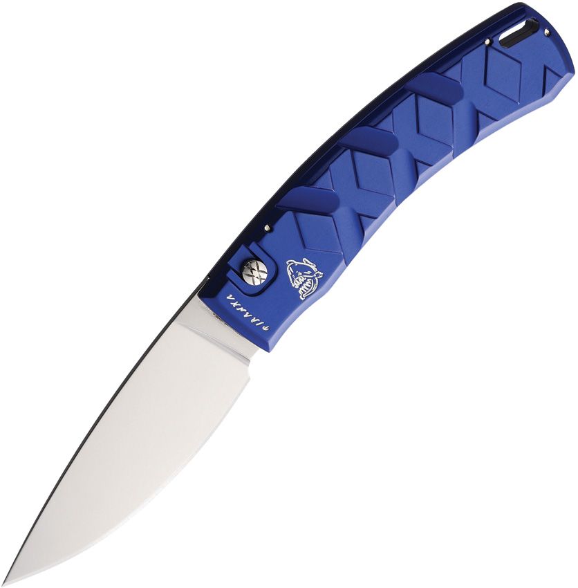 PKCP14B.jpg Piranha Knives Auto Button Lock Blue Folding Knife 3.25" 154CM