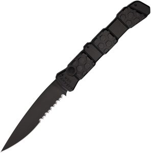 PKCP21BKTS.jpg Piranha Knives Auto 21 Button Lock Black Serrated