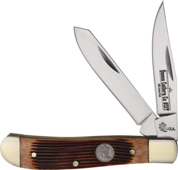 Queen Mini Trapper Amber Bone 1095HC Steel Folding Knife