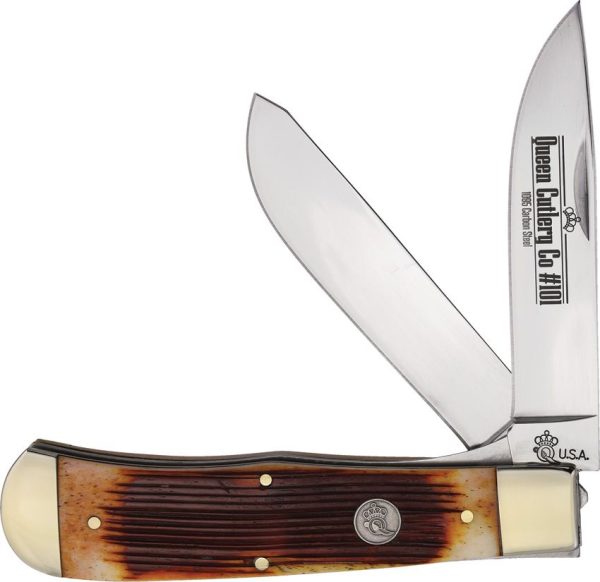 Queen Linerlock Amber Winter Folding Knife 1095HC Steel Bone