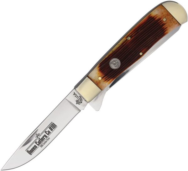 Queen Linerlock Amber Winter Folding Knife 1095HC Steel Bone