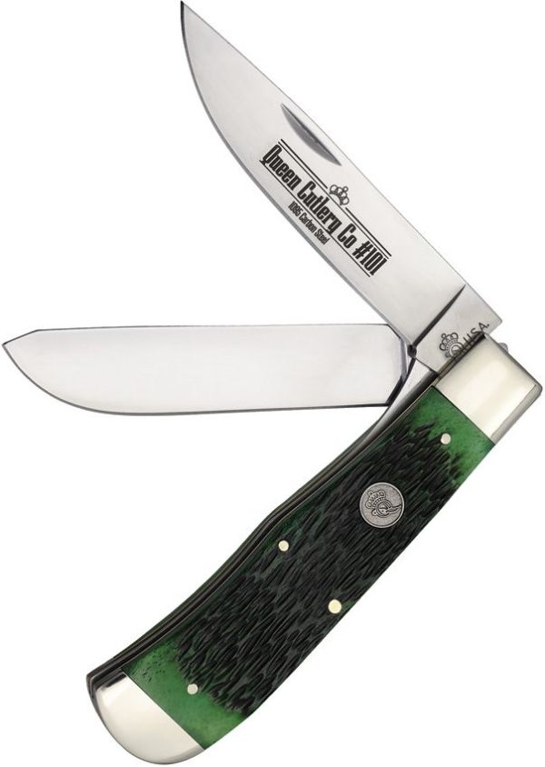 Queen Two Blade Lockback Green Bone Handle Knife