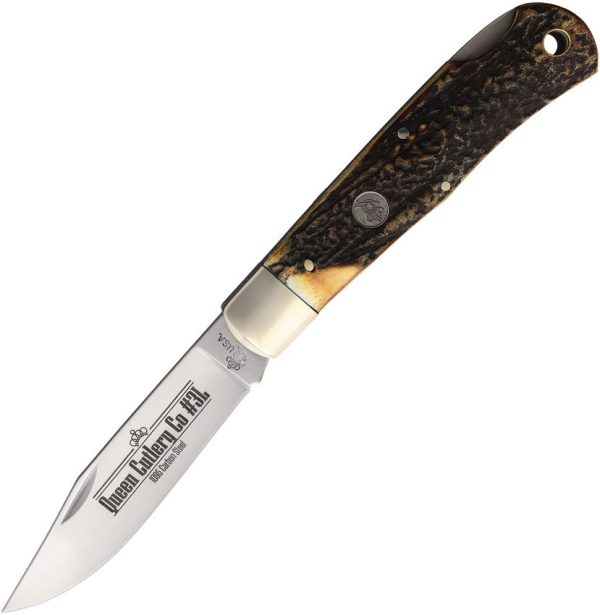 Queen Lockback Burnt Stag Horn Folding Knife 1095HC Steel