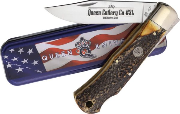 Queen Lockback Burnt Stag Horn Folding Knife 1095HC Steel