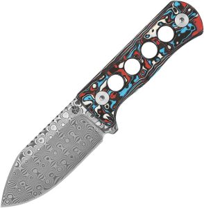 QSP Canary Neck Knife Damascus Steel Fixed Blade Red CF