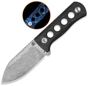QSP Canary Neck Knife Blue GITD Damascus Fixed Blade