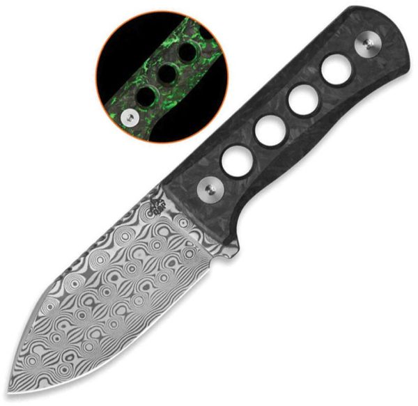 QS141M.jpg QSP Canary Neck Knife Damascus Green GITD Fixed Blade