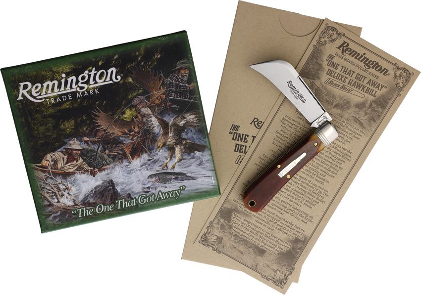 R693SB.jpg Remington 2023 Silver Bullet Hawkbill Folding Knife Brown Bone