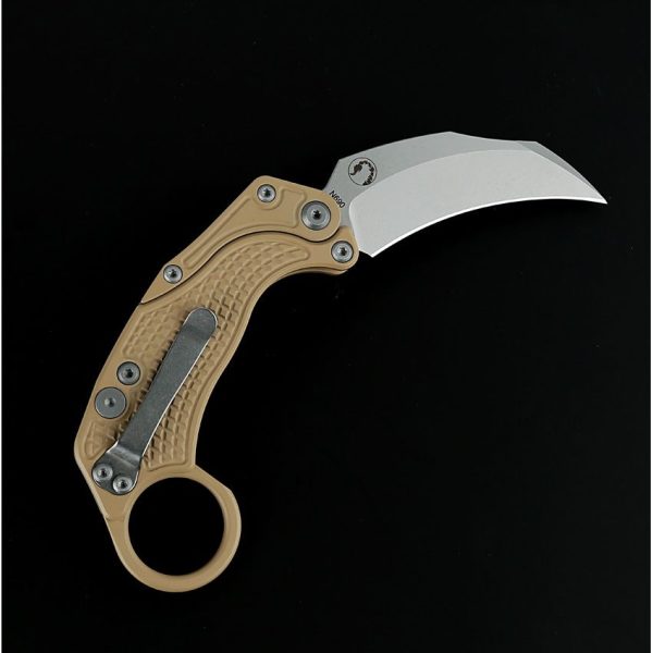 Reate EXO-K Tan Button Lock Folding Knife N690 Karambit Blade
