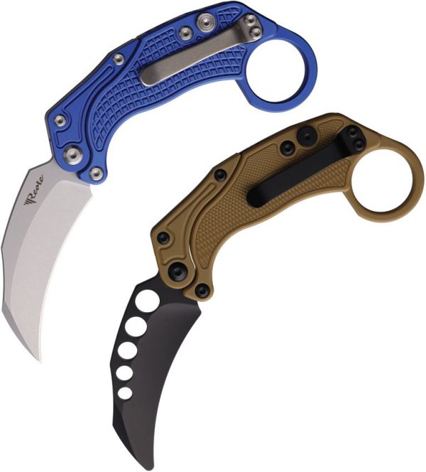 Reate EXO-K Button Lock Blue N690 Folding Knife Hawkbill