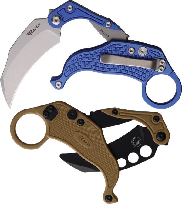 Reate EXO-K Button Lock Blue N690 Folding Knife Hawkbill
