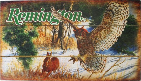 Remington Owl and Rabbit Wood Sign - Wildlife Art
