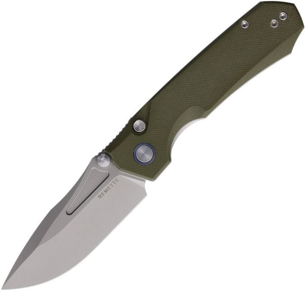 RMTRNGD2.jpg REMETTE Rhino Button Lock OD Green D2 Steel Folding Knife