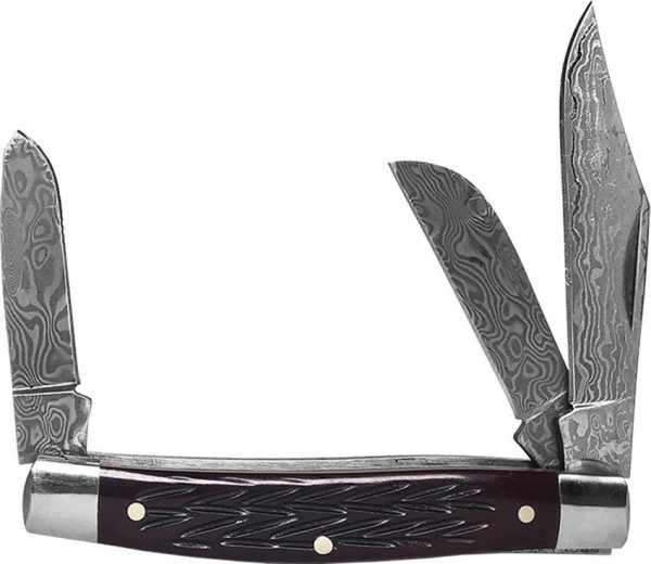 Roper Tombstone Stockman Damascus Folding Knife Red Bone