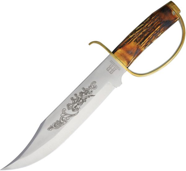 RR1943.jpg Rough Rider D Guard Bowie Fixed Blade Stag Bone Handle Knife
