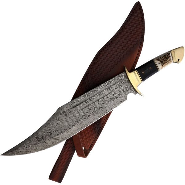 Rough Rider Bowie Damascus Fixed Blade Knife 14" Stag Handle
